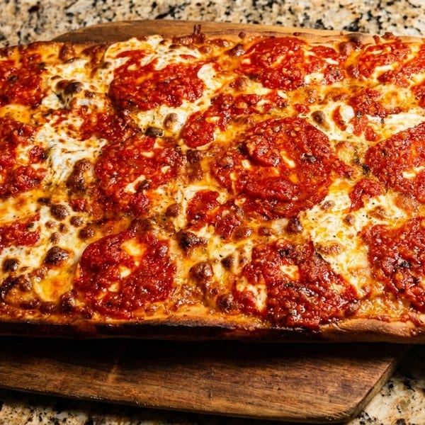 Rectangular Detroit-style pizza with bubbly cheese and dollops of red sauce on a wooden peel.