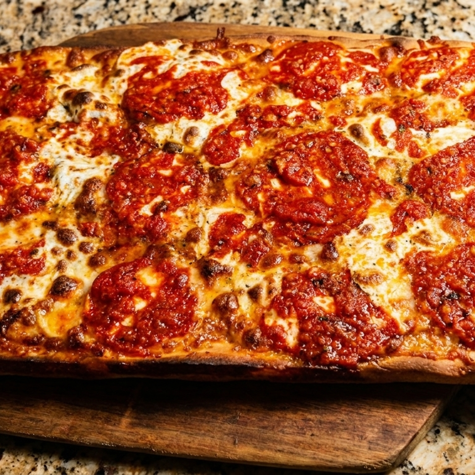 Rectangular Detroit-style pizza with bubbly cheese and dollops of red sauce on a wooden peel.