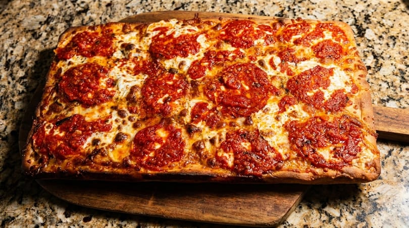 Rectangular Detroit-style pizza with bubbly cheese and dollops of red sauce on a wooden peel.