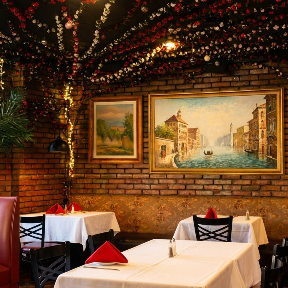 Cozy restaurant interior with brick walls, framed art, red and white floral ceiling decor, and set tables.