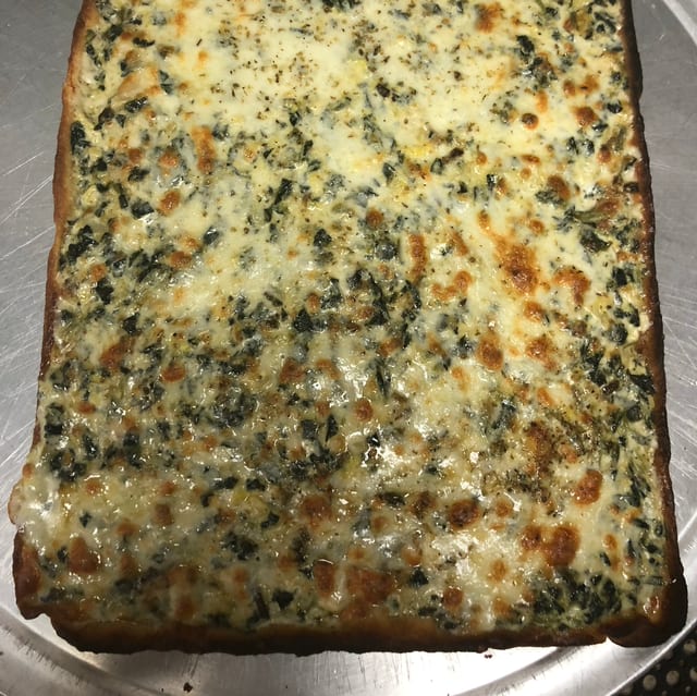 Grandma Style Spinach & Artichoke Pizza.