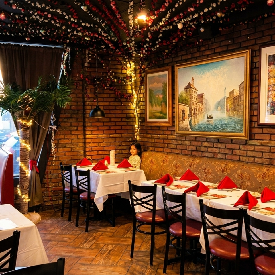 Cozy restaurant interior with brick walls, framed art, white tablecloths, red napkins, and a young girl seated.