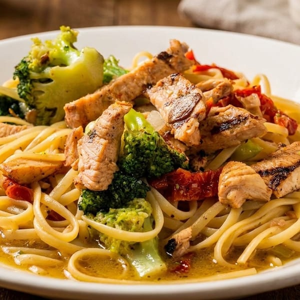 Linguine pasta with grilled chicken, broccoli, and sun-dried tomatoes in a light sauce.