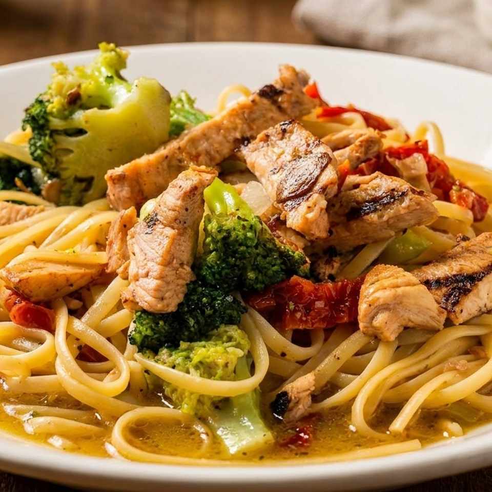Linguine pasta with grilled chicken, broccoli, and sun-dried tomatoes in a light sauce.