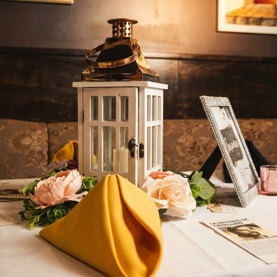 A white lantern centerpiece with candles, pink flowers, and yellow napkins on a white tablecloth.