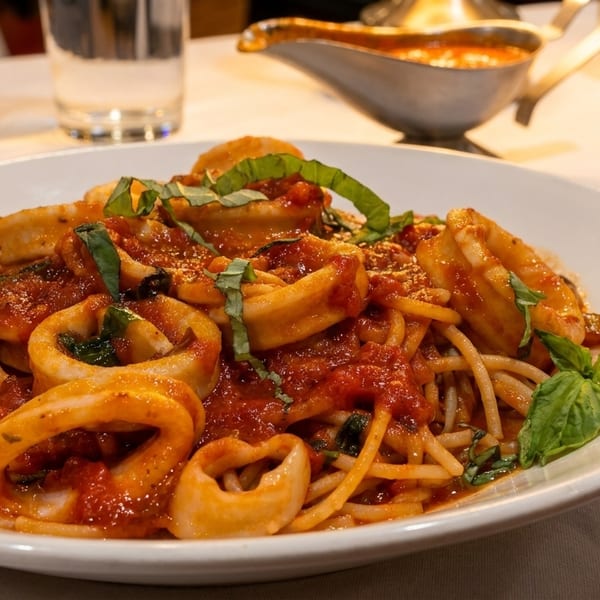 Spaghetti with calamari and tomato sauce, garnished with fresh basil, on a white plate.