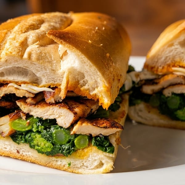 Two halves of a chicken and broccoli rabe sandwich on a white plate.