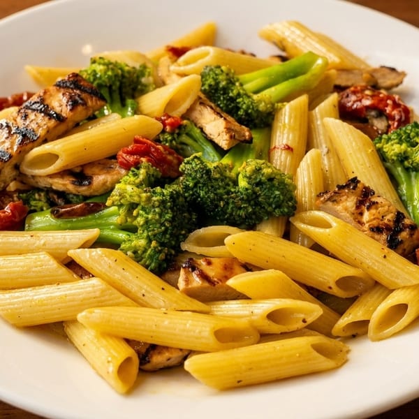 Penne pasta with grilled chicken, broccoli florets, and sun-dried tomatoes on a white plate.