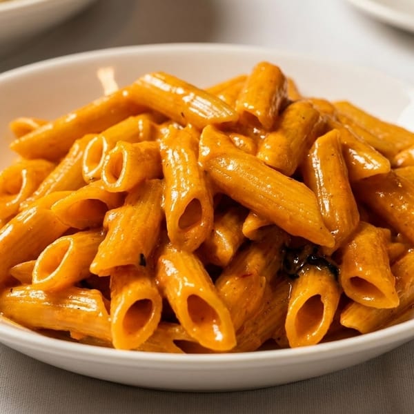 A white bowl filled with penne pasta coated in a creamy orange sauce, on a white tablecloth.